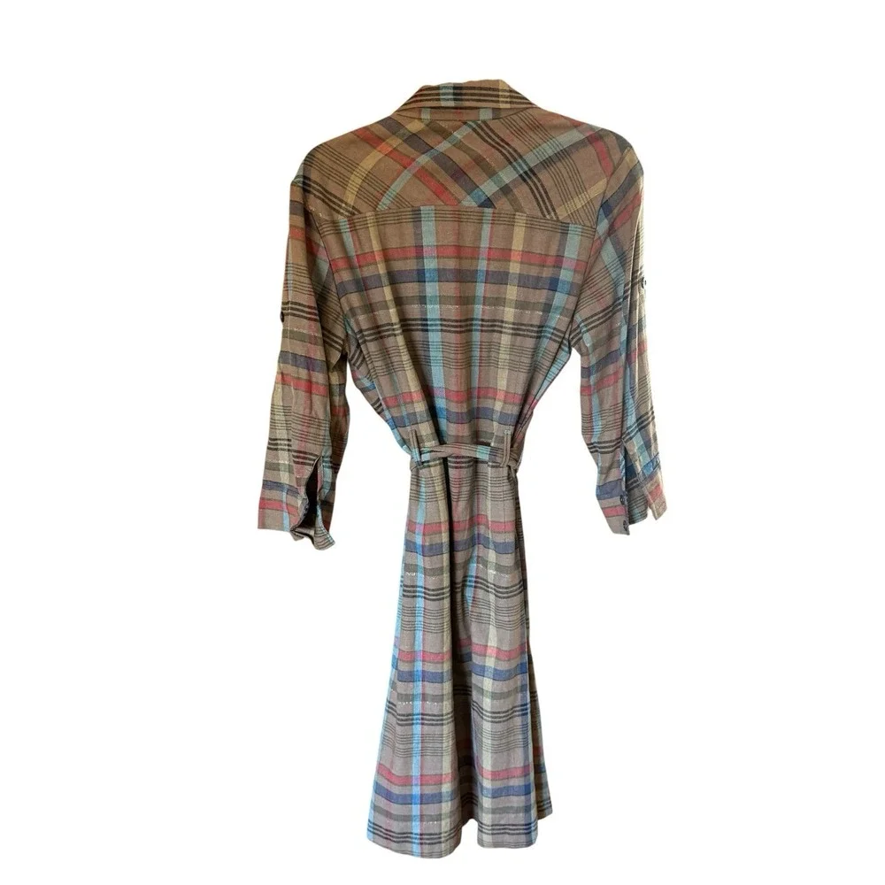 Vtg White Stag Dress 12 Plaid Midi Shirtdress Linen Blend Belt Button Front Y2K - Picture 3 of 16